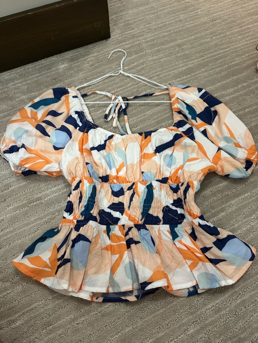 Floral Puff-Sleeve Peplum Top - Orange, Navy & Light Blue